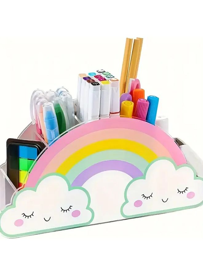 Rainbow Acrylic Desktop Organizer Lightweight Pencil Holder Office Stationery Storage Box With Transparent Compartments Perfect For School Supplies Makeup Brushes And Accessories Clear Construction Playful Design 1 Pack - Image 5