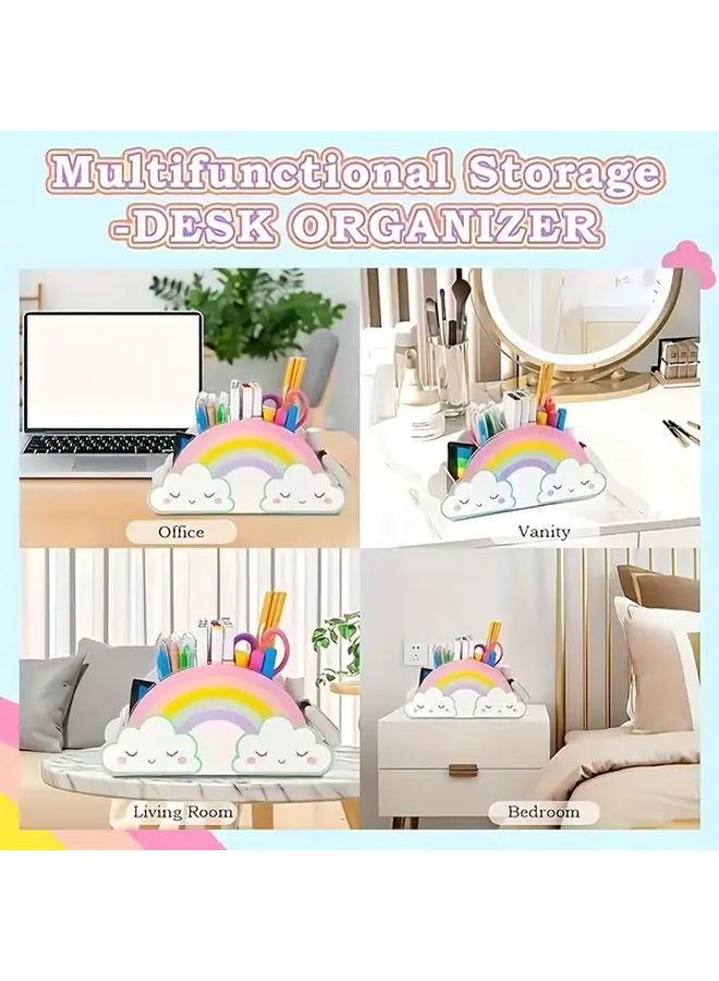 Rainbow Acrylic Desktop Organizer Lightweight Pencil Holder Office Stationery Storage Box With Transparent Compartments Perfect For School Supplies Makeup Brushes And Accessories Clear Construction Playful Design 1 Pack - Image 3