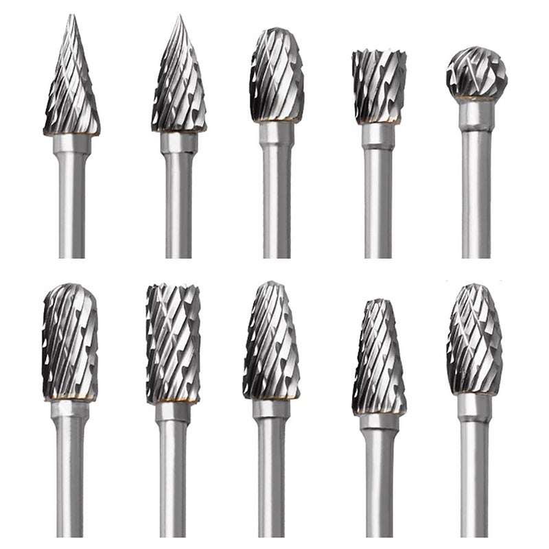 Tungsten Carbide Rotary Burr Set for Dremel 10PCS Carbide Double Cut Carving Burr Bits with 18 Shank Rotary Tool Accessories for Woodworking Engraving Drilling Steel Metal Working