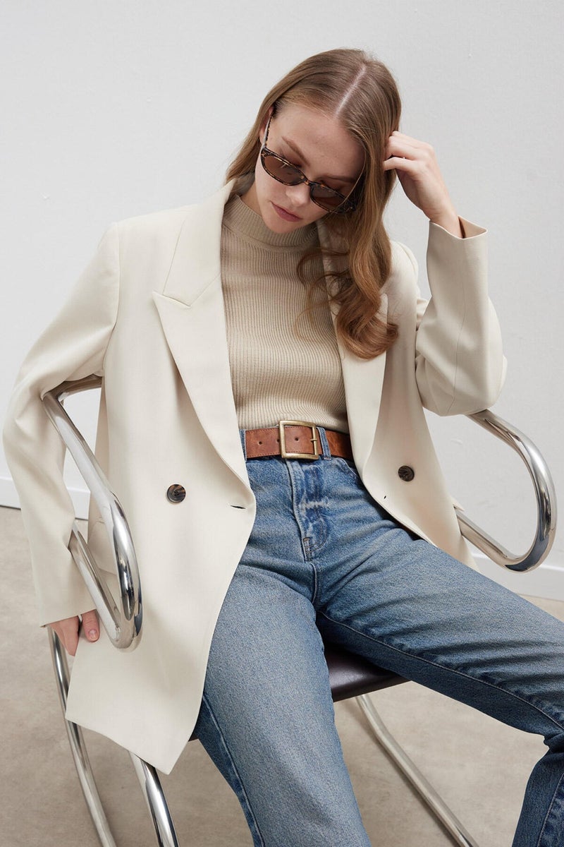 Manuka Double Breasted Classic Blazer Jacket Beige  - Image 1