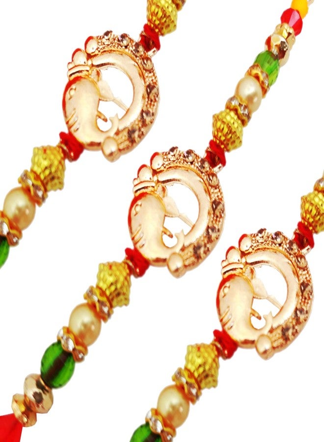 brown leaf� Beautiful Metal Stone Beats Rakhi For Rakshabandhan Bracelets For Beloved Brother (Set Of 4) - Image 1