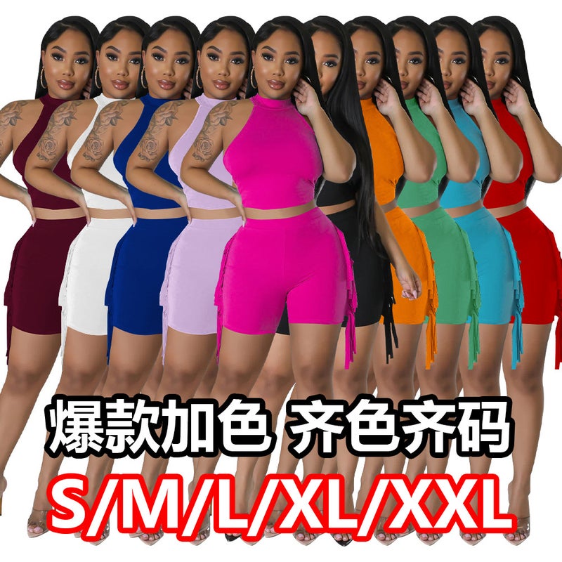 K10432 Fashion Women's Crewneck Tassel Solid Color Casual Two-piece Set - Image 2