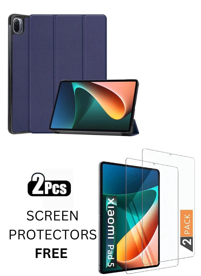 SHOPI Case for Xiaomi Pad 5/Mi Pad 5 Pro 11-inch ,Fashionable Smart Trifold Stand Cover, PU Leather Clear Transparent Back Cover for Xiao Mi Pad 5, Blue With 2 FREE Screen Protectors  - Image 1