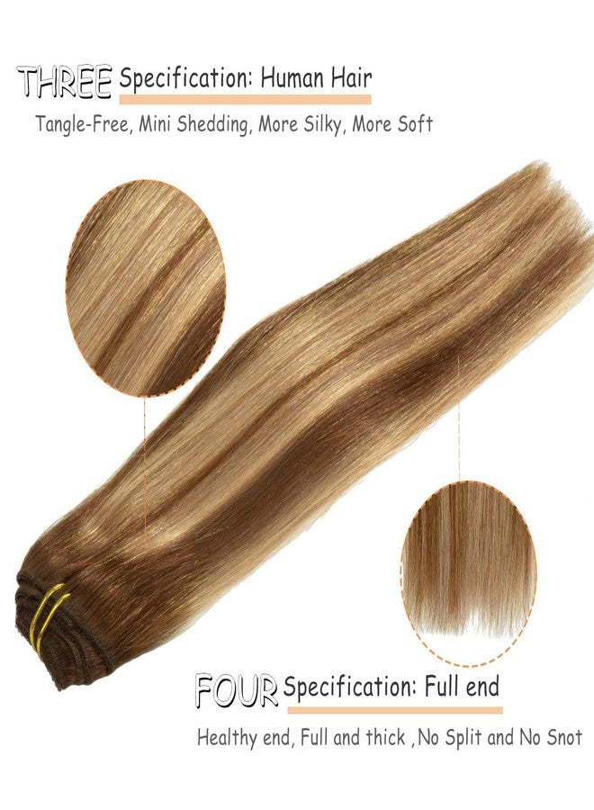 Caliee Hair Extensions Clip in Human Hair Ombre Chocolate Brown #4 to Chocolate Brown #4 and Caramel Blonde #27 with Lace Straight Real Human hair, 120g, 7Pcs 14 inch - Image 5