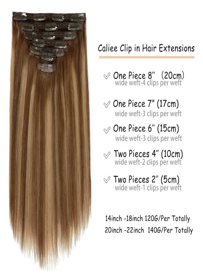Caliee Hair Extensions Clip in Human Hair Ombre Chocolate Brown #4 to Chocolate Brown #4 and Caramel Blonde #27 with Lace Straight Real Human hair, 120g, 7Pcs 14 inch - Image 2