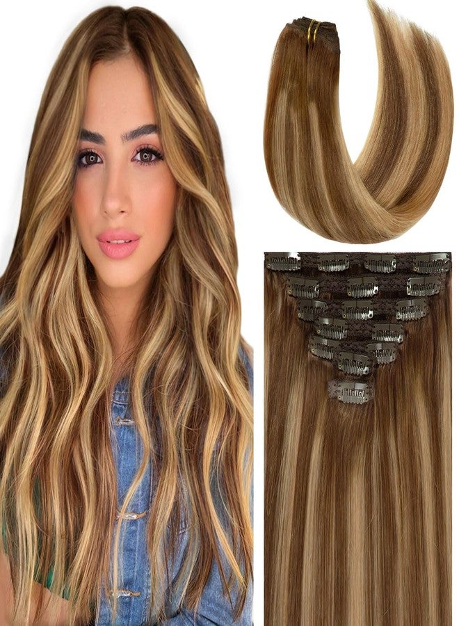 Caliee Hair Extensions Clip in Human Hair Ombre Chocolate Brown #4 to Chocolate Brown #4 and Caramel Blonde #27 with Lace Straight Real Human hair, 120g, 7Pcs 14 inch - Image 1