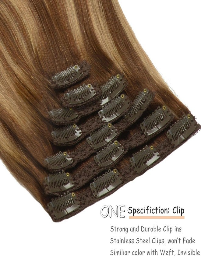 Caliee Hair Extensions Clip in Human Hair Ombre Chocolate Brown #4 to Chocolate Brown #4 and Caramel Blonde #27 with Lace Straight Real Human hair, 120g, 7Pcs 14 inch - Image 3