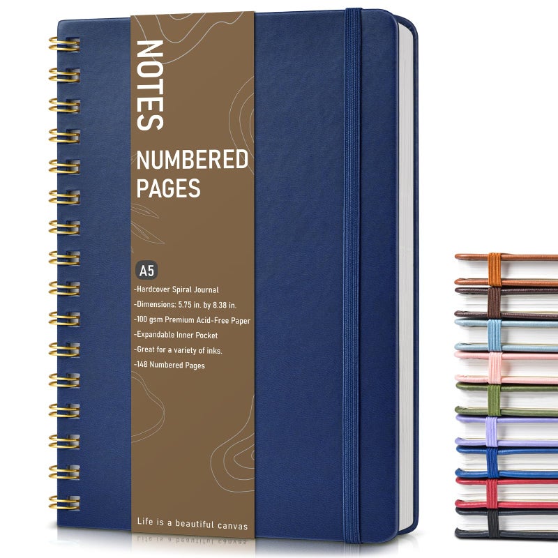 PAPEJOON Lined Spiral Journal Notebook, A5 Hardcover Spiral Journals for Women Men, 150 Numbered Pages Spiral Bound Notebook, 100 GSM College Ruled Notebooks for Writing Note Taking 5.75" x 8.38", Navy Blue - Image 1