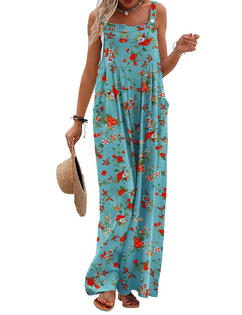 YESNO Women's Summer Casual Overalls Loose Wide Leg Jumpsuits Boho Floral Printed Baggy Rompers with Pockets M PZH CR14 - Image 1