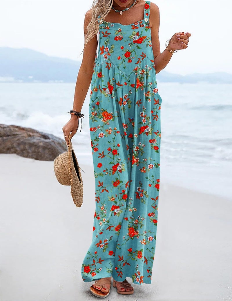 YESNO Women's Summer Casual Overalls Loose Wide Leg Jumpsuits Boho Floral Printed Baggy Rompers with Pockets M PZH CR14 - Image 2