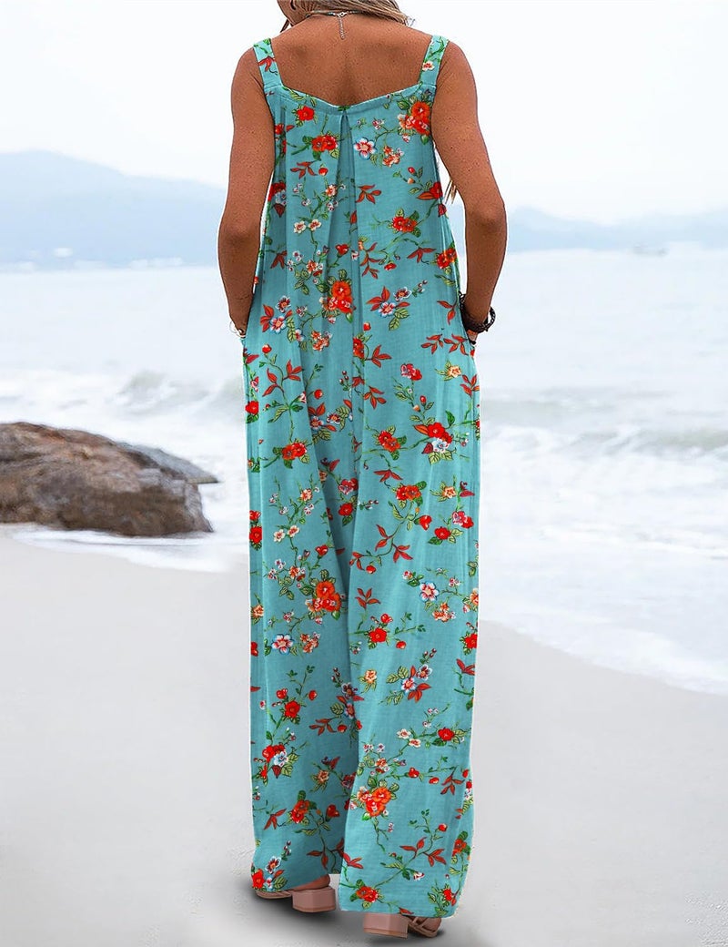 YESNO Women's Summer Casual Overalls Loose Wide Leg Jumpsuits Boho Floral Printed Baggy Rompers with Pockets M PZH CR14 - Image 4
