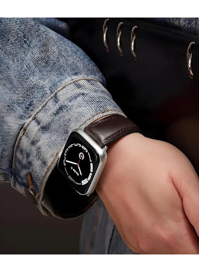 Leather Band Compatible with Apple Watch Ultra/Ultra 2 49mm 45mm 44mm 42mm for Men Women, Leather Replacement Wristband Strap for Apple Watch Ultra Series 9 8 7 6 5 4 3 2 1 SE - Dark Brown - Image 3