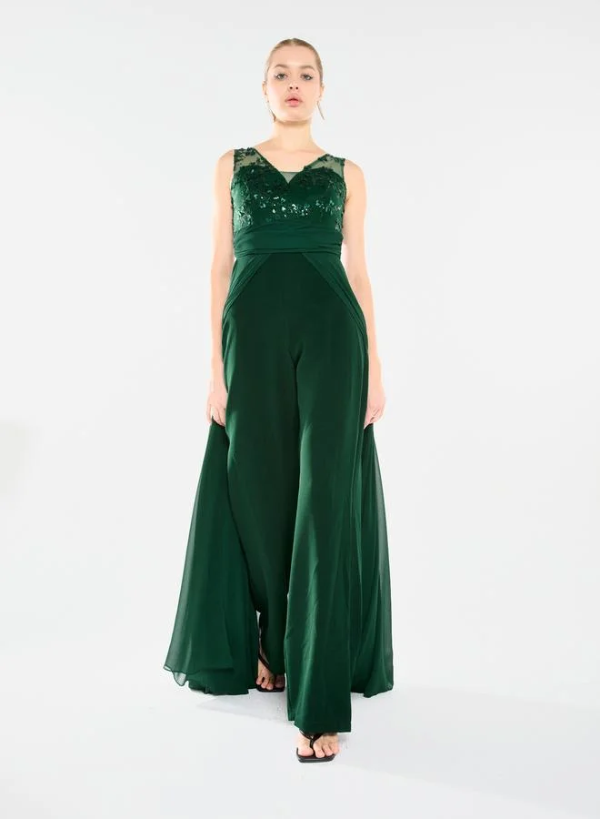 House of Moda Women Sequin Bodice Overlay Jumpsuit