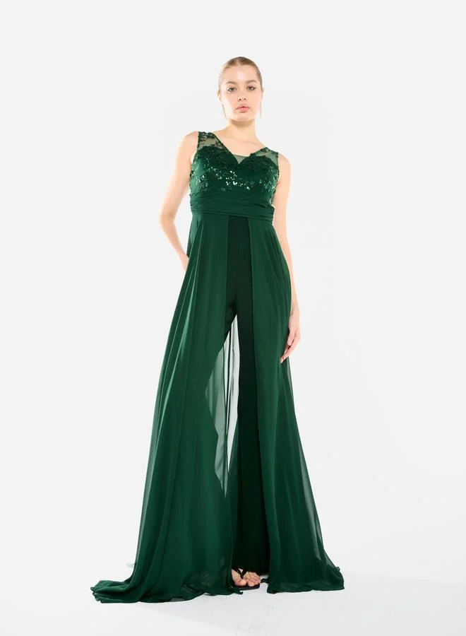 House of Moda Women Sequin Bodice Overlay Jumpsuit