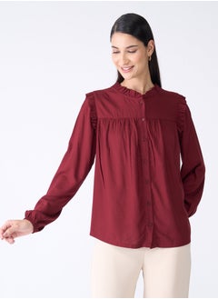 Women's Maroon Ruffled Neckline Top with Placket, Full-Length Sleeves, Ruffle Shoulder Detail, and Yoke Back with Gathers for a Chic and Feminine Look