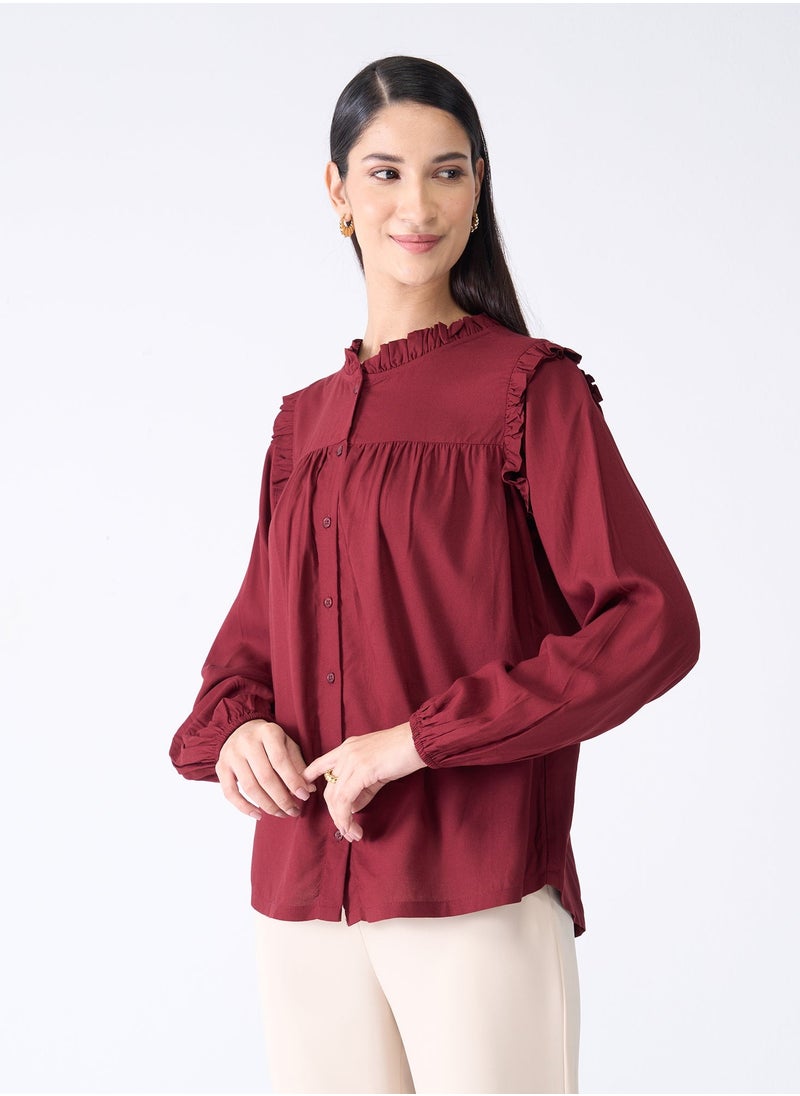 Salt Attire - Women's Maroon Ruffled Neckline Top with Placket, Full-Length Sleeves, Ruffle Shoulder Detail, and Yoke Back with Gathers for a Chic and Feminine Look - Image 1