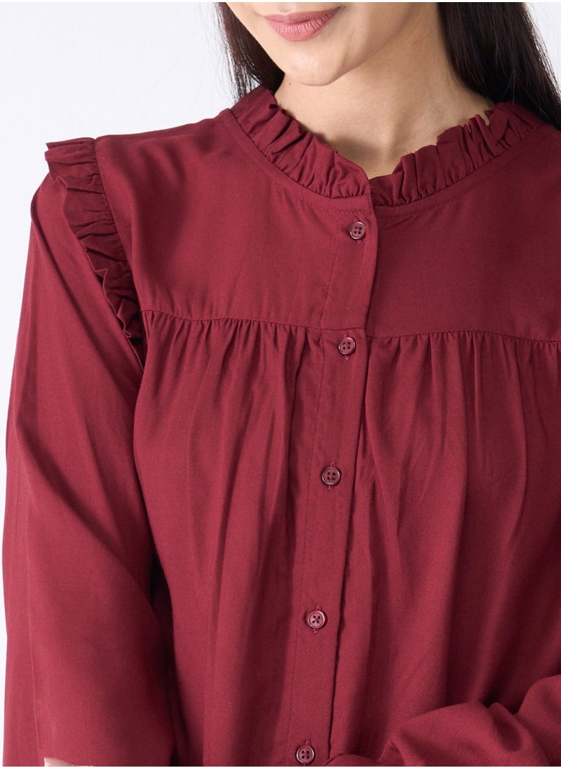 Salt Attire - Women's Maroon Ruffled Neckline Top with Placket, Full-Length Sleeves, Ruffle Shoulder Detail, and Yoke Back with Gathers for a Chic and Feminine Look - Image 1