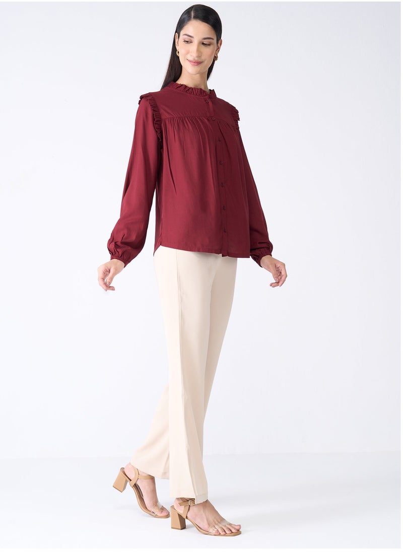 Salt Attire - Women's Maroon Ruffled Neckline Top with Placket, Full-Length Sleeves, Ruffle Shoulder Detail, and Yoke Back with Gathers for a Chic and Feminine Look - Image 1