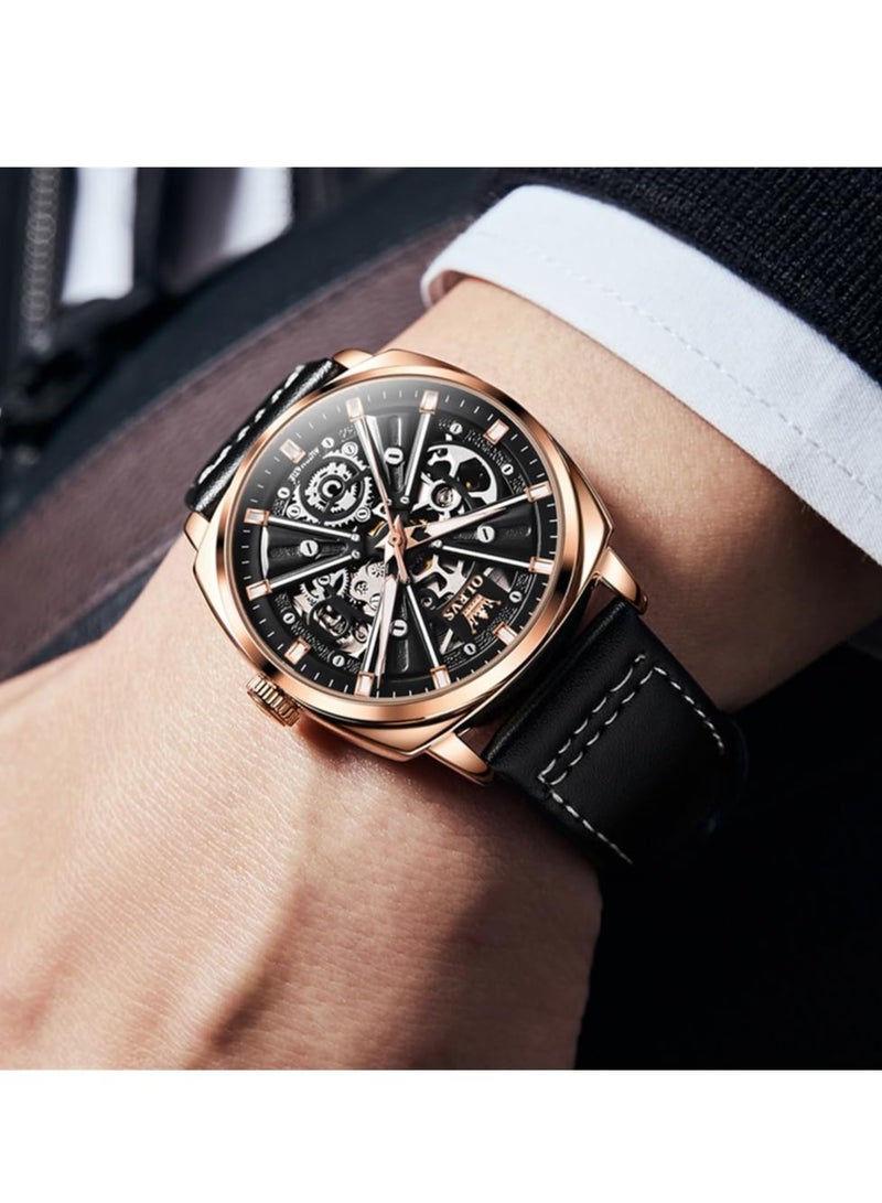 OLEVS Men's Hollow Mechanical Fashion Leather Watch 6685