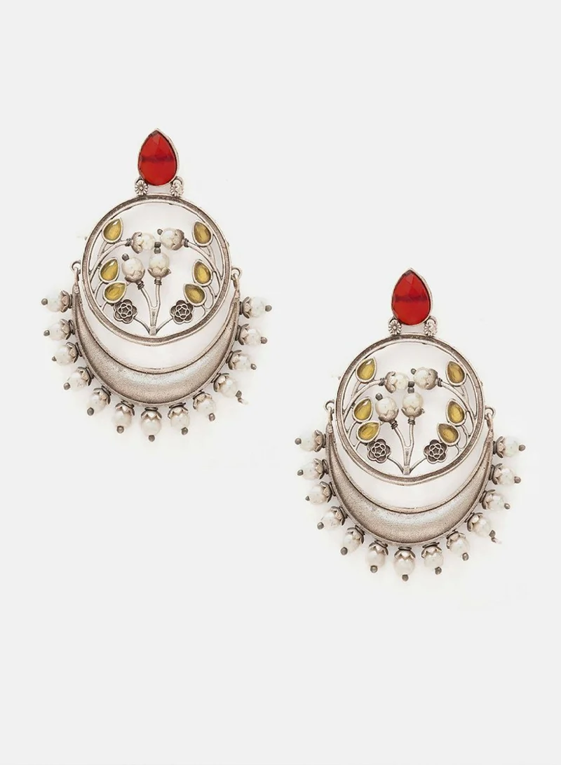 Priyaasi Ruby Studded  Beaded Contemporary Oxidised Chandbalis Earrings