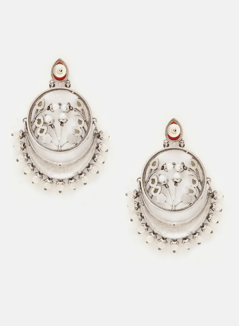 Priyaasi Ruby Studded  Beaded Contemporary Oxidised Chandbalis Earrings