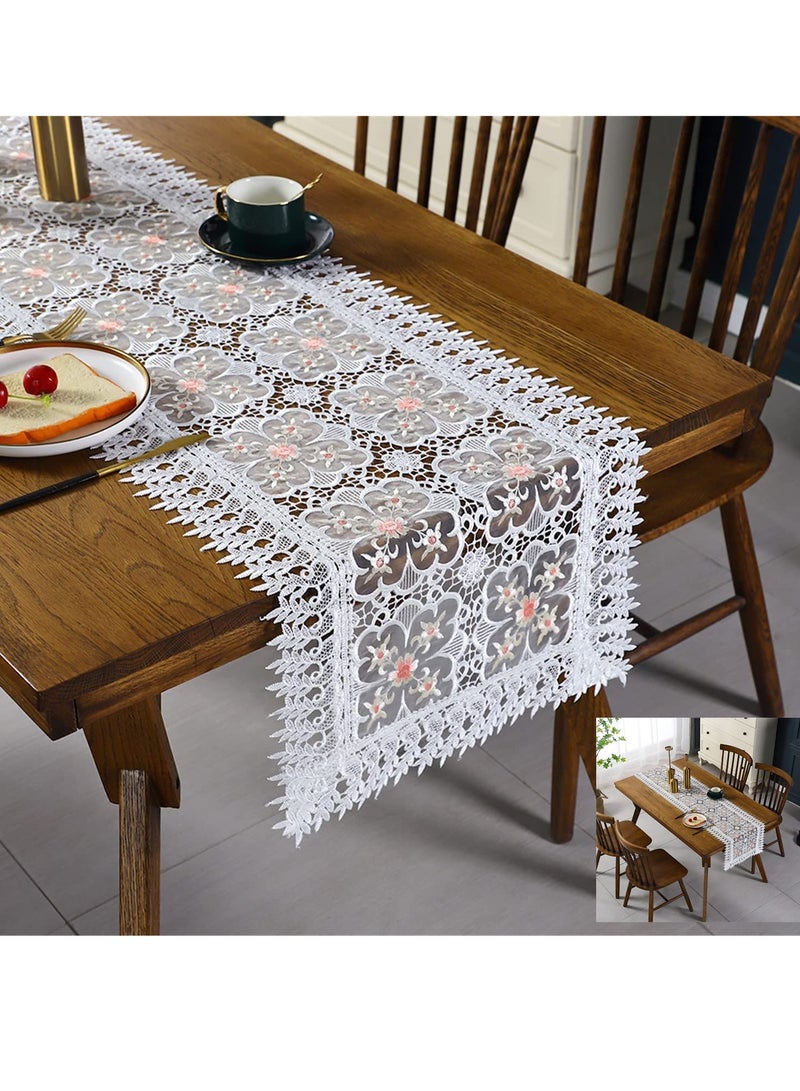 SYOSI Lace Table Runner Rectangular White Cotton Linen Fabric Dresser Scarf with Delicate Lace Embroidered Table Runner for Kitchen Home Wedding Party Dining Room Decor, White 15 in x 72 in - Image 1
