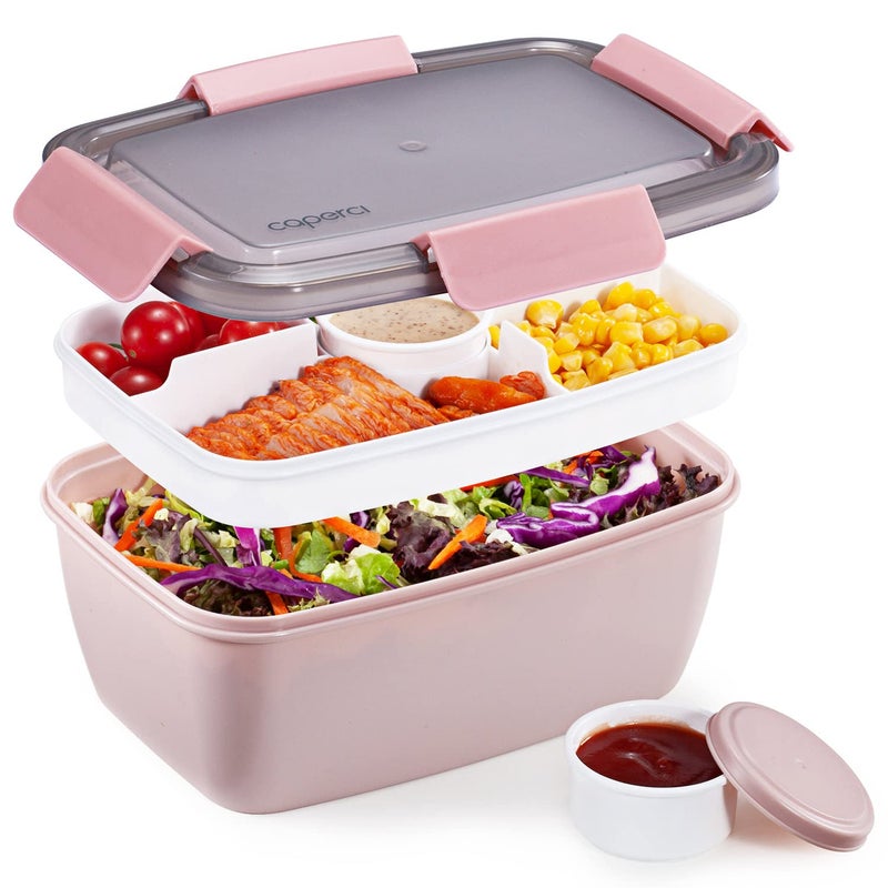 Caperci Large Salad Lunch Container Adult Bento Lunch Box with 68 oz Salad Bowl 5Compartment Tray 2pcs 3oz Sauce Cups Stackable BPAFree Pink
