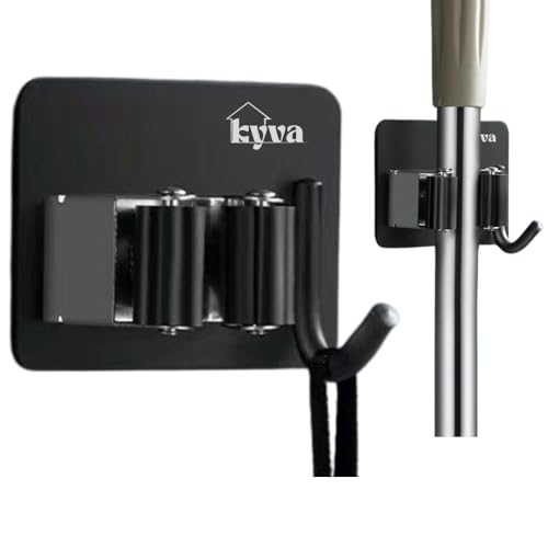 KYVA 2 pieces Wall Mounted Stainless Steel Broom Holder - Heavy Duty Self-Adhesive Broom and Mop Holder for Home, Kitchen, Garden, Laundry & Garage (Black). - Image 1