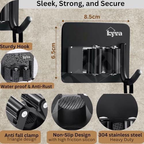 KYVA 2 pieces Wall Mounted Stainless Steel Broom Holder - Heavy Duty Self-Adhesive Broom and Mop Holder for Home, Kitchen, Garden, Laundry & Garage (Black). - Image 2
