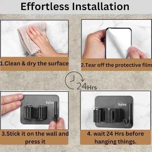KYVA 2 pieces Wall Mounted Stainless Steel Broom Holder - Heavy Duty Self-Adhesive Broom and Mop Holder for Home, Kitchen, Garden, Laundry & Garage (Black). - Image 4