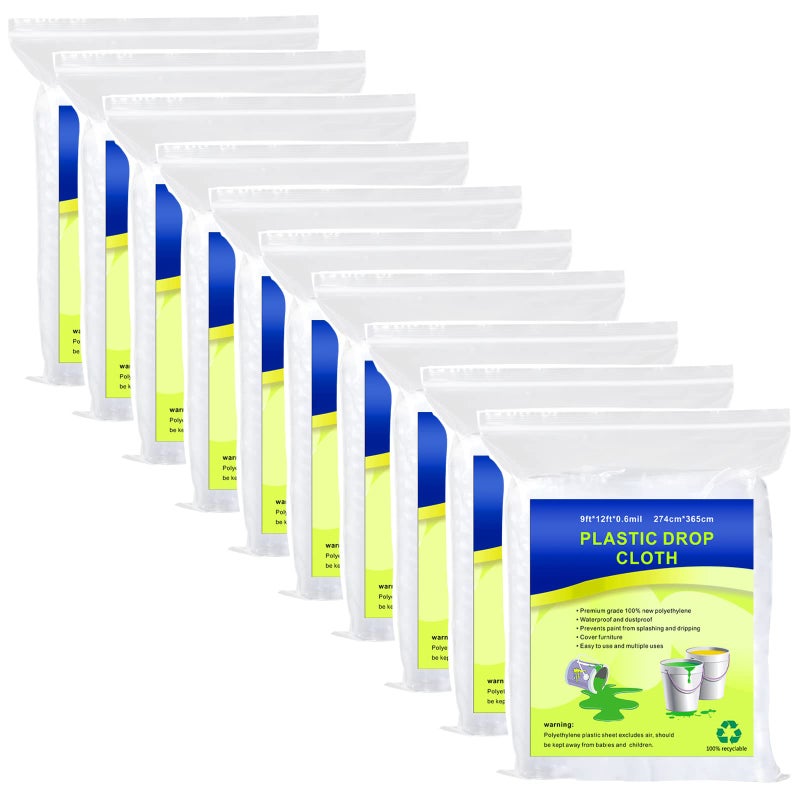 Cedolio 10 Pieces Plastic Drop Sheets for Painting Waterproof and DustProof Clear Cloth for Furniture Cover 9x12 Feet Tarps