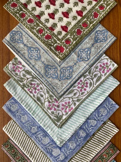 Ridhi Hand Block Print Kitchen Towels Table Décor 20×20 Inch Floral Dinner Cloth Napkins Set of 4 Washable Boho Cotton Square Assorted Border Napkin for Dining Wedding Farmhouse Decoration - Image 3