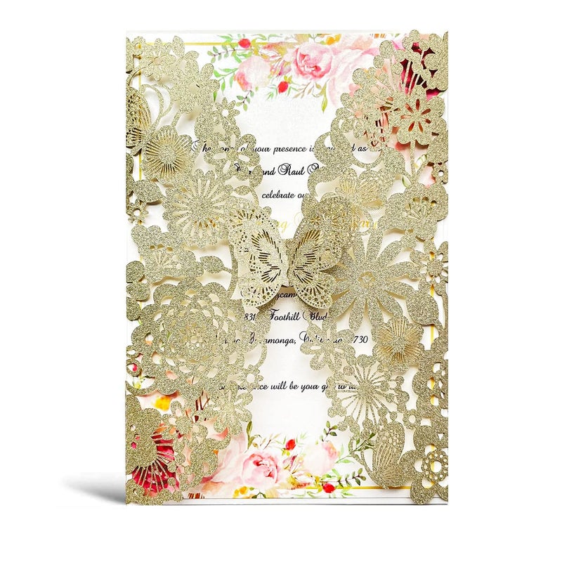 Hosmsua 512 x 73 50PCS Champagne Laser Cut Flora Wedding Invitation Cards with Butterfly and Envelopes for Quinceaera Bridal Shower Wedding Invite Champagne Glitter light gold
