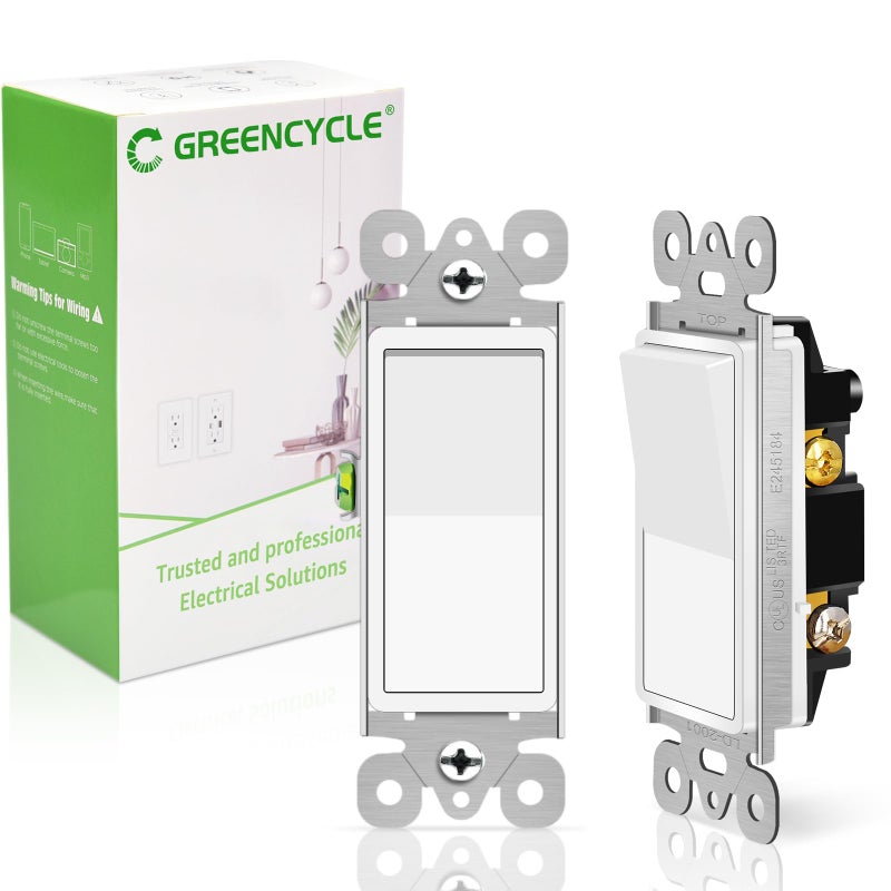 Greencycle Single Pole Rocker Light Switch,Paddle Light Switch 15 Amp,Sp Switches White,120V-277V AC,On/Off Wall Switches, Residential/Commercial Grade,Home & Office,UL/CUL,2PK - Image 1