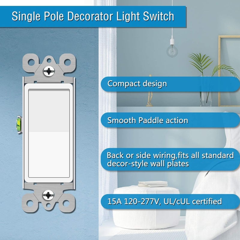 Greencycle Single Pole Rocker Light Switch,Paddle Light Switch 15 Amp,Sp Switches White,120V-277V AC,On/Off Wall Switches, Residential/Commercial Grade,Home & Office,UL/CUL,2PK - Image 2