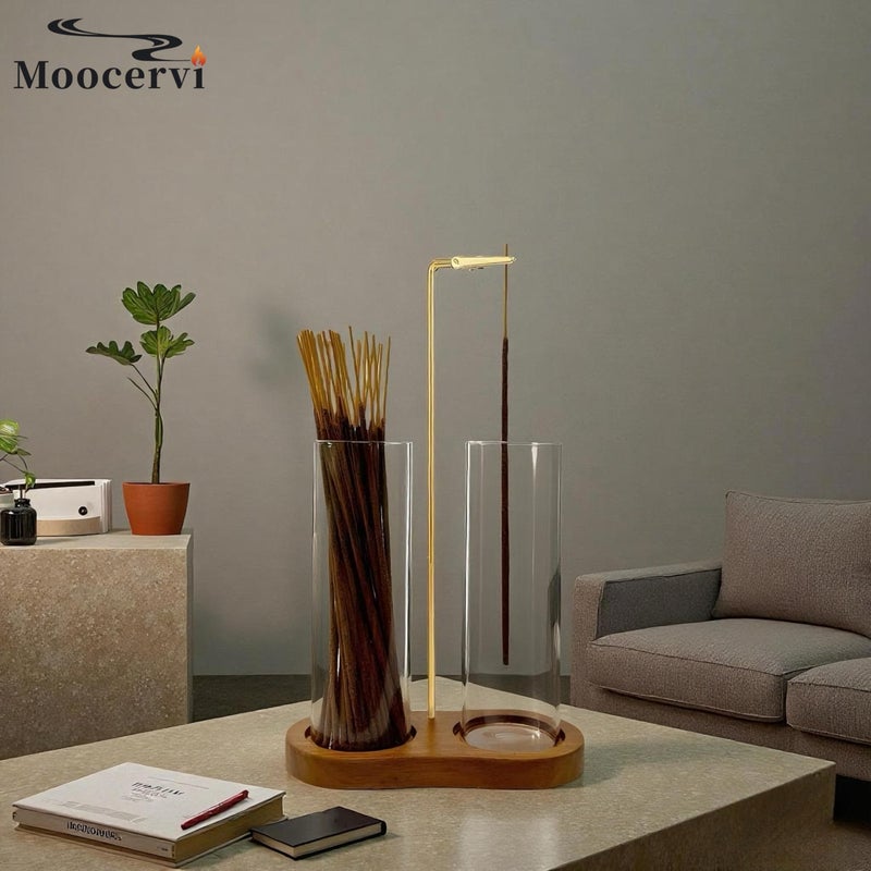 Moocervi Glass Incense Holder,2 in 1 Incense Sticks Burner Holder with Storage,Hang Upside Down Incense Holder for Sticks with Glass Ash Catcher for Meditation Yoga Spa Room Decor (Brown) - Image 4