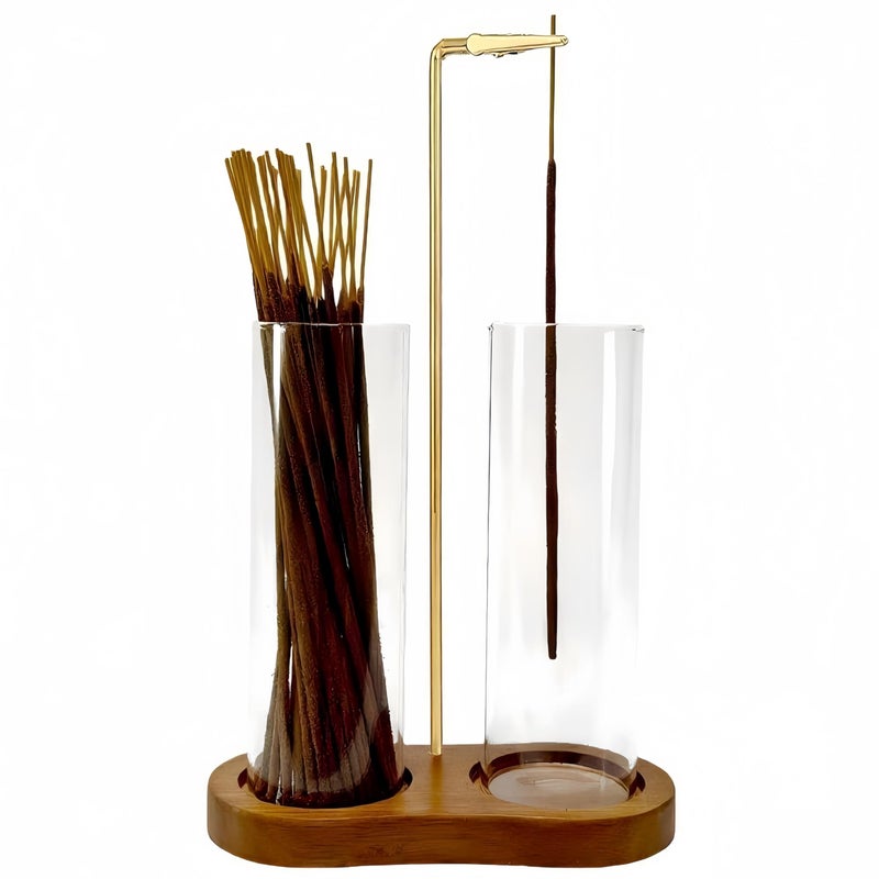 Moocervi Glass Incense Holder,2 in 1 Incense Sticks Burner Holder with Storage,Hang Upside Down Incense Holder for Sticks with Glass Ash Catcher for Meditation Yoga Spa Room Decor (Brown) - Image 1