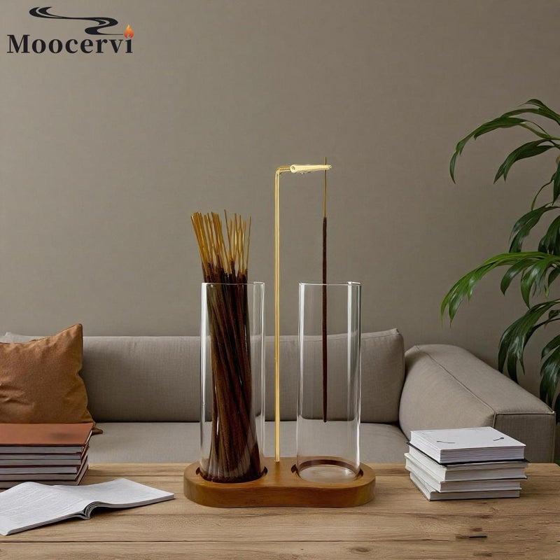 Moocervi Glass Incense Holder,2 in 1 Incense Sticks Burner Holder with Storage,Hang Upside Down Incense Holder for Sticks with Glass Ash Catcher for Meditation Yoga Spa Room Decor (Brown) - Image 2