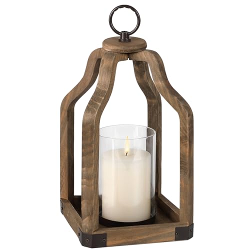 SUJUN Rustic Wood Lantern Candle Holder for Farmhouse Decor - Indoor and Outdoor Table Centerpiece with Glass - Image 1