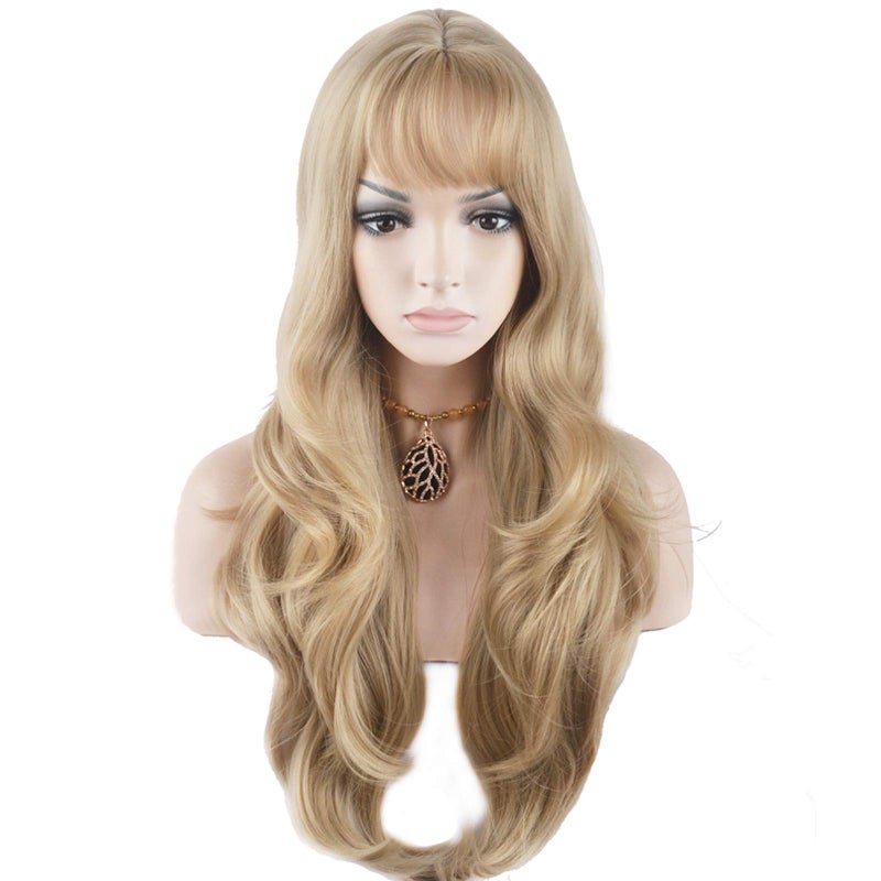 BERON 27 Inches Blonde Wig Long Wavy Wig Ash Blonde Wigs with Bangs for Women Gold Blonde Synthetic Wigs with Hairnet