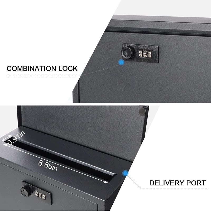 Parrency Locking Mailbox Wall Mount Combination Lock Drop Box Large Capacity with Galvanized Steel Cover and Rust-Proof Metal Post Box, 12.6 x 10.24 x 4.21 Inch，Black Matt - Image 3