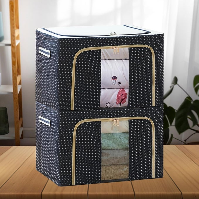 2 PIECES 66 LITERS DOUBLE SIDED ZIPPER WARDROBE ORGANIZER WITH DURABLE HANDLES FOLDABLE CLOSET DRAWER STORAGE BOX FOR CLOTHES TOYS BOOKS BLANKET ETC BLUE