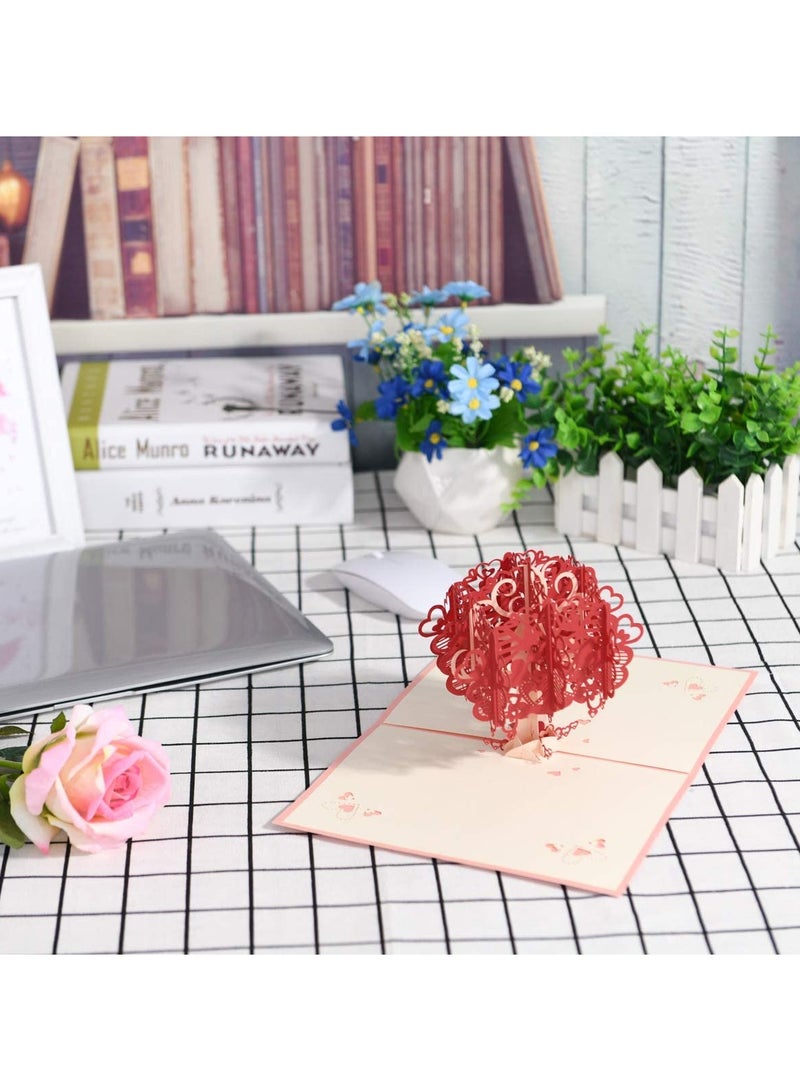 SYOSI 3D Pop Up Card Romantic Lovers with Red Heart Tree Anniversary Wedding Birthday Envelope for Wife Husband Girlfriend Mother  - Image 2