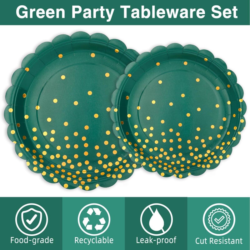 LOOWVY 175Pcs Green and Gold Party Decoration - Green Plates and Napkins Party Supplies - Scalloped Paper Plates for Birthday Graduation Decorations  Serve 25 Guests - Image 2