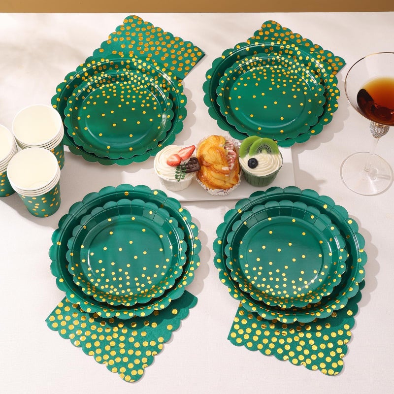 LOOWVY 175Pcs Green and Gold Party Decoration - Green Plates and Napkins Party Supplies - Scalloped Paper Plates for Birthday Graduation Decorations  Serve 25 Guests - Image 4