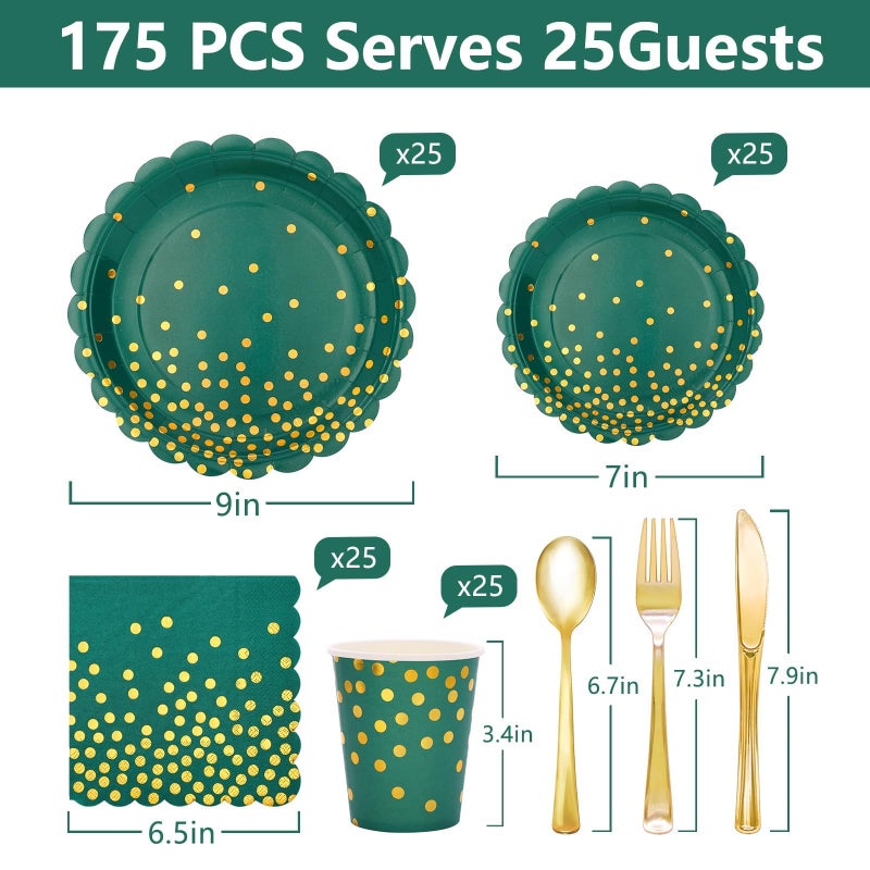 LOOWVY 175Pcs Green and Gold Party Decoration - Green Plates and Napkins Party Supplies - Scalloped Paper Plates for Birthday Graduation Decorations  Serve 25 Guests - Image 1