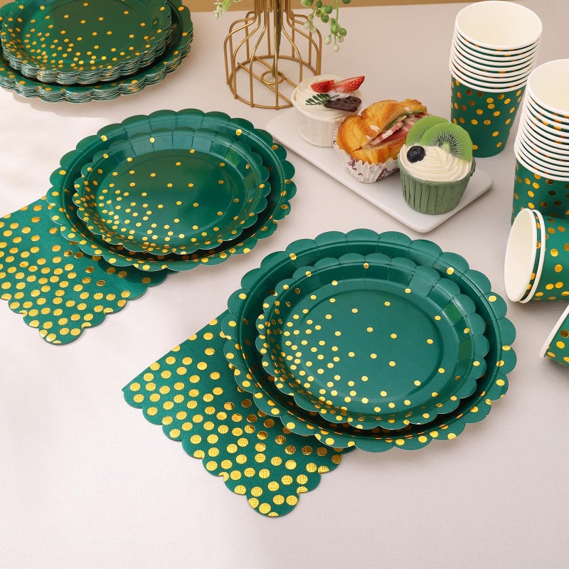 LOOWVY 175Pcs Green and Gold Party Decoration - Green Plates and Napkins Party Supplies - Scalloped Paper Plates for Birthday Graduation Decorations  Serve 25 Guests - Image 3