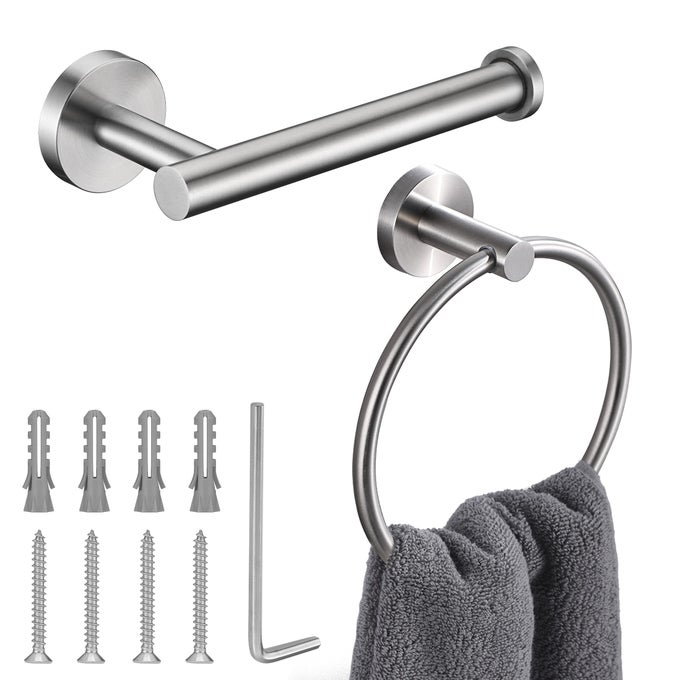 BRUSHED NICKEL TOILET PAPER HOLDER AND HAND TOWEL RING SET 2 PIECES BATHROOM HARDWARE ACCESSORIES SET SUS 304 STAINLESS STEEL HEAVY DUTY WALL MOUNTED BATHROOM HOLDER