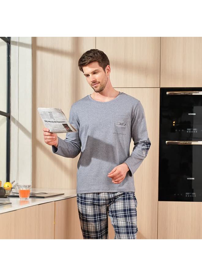 MEIBIAO American Standard Men's 100% Cotton Long Sleeve Pajama Set Crew Neck Casual Pure Cotton Homewear Outerwear Dark Gray L - Image 1