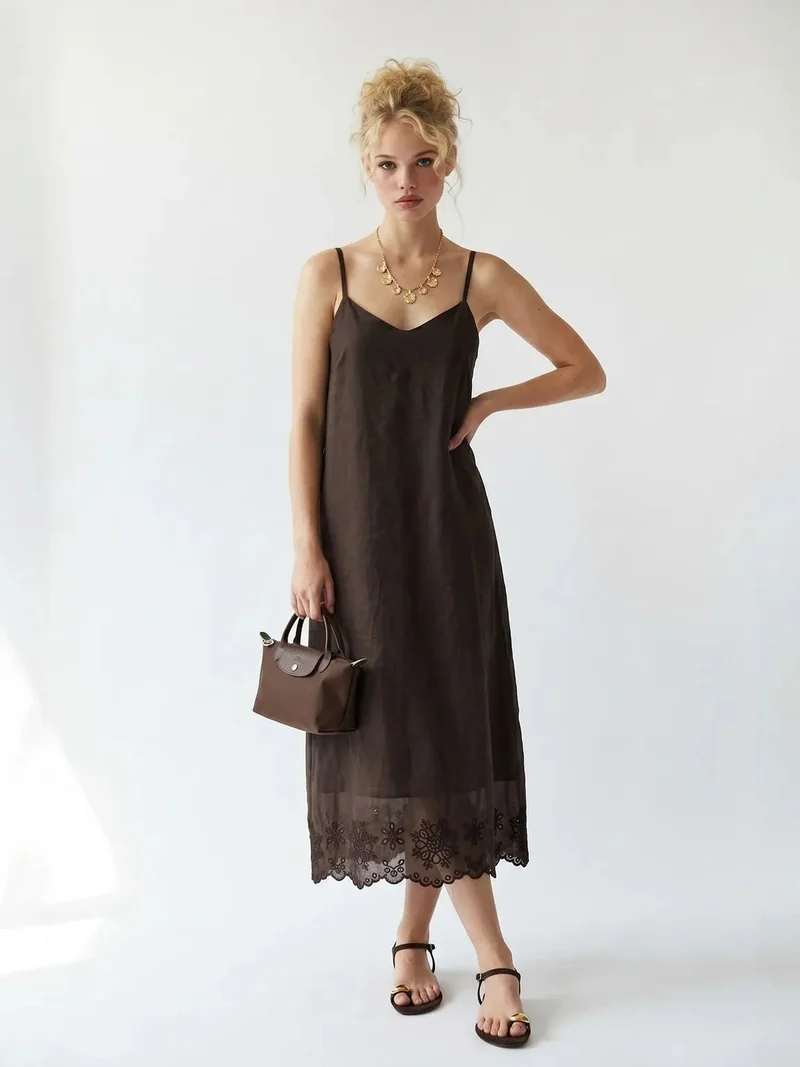 Mixray MIXRAY Embroidered A-Line Midi Slip Dress